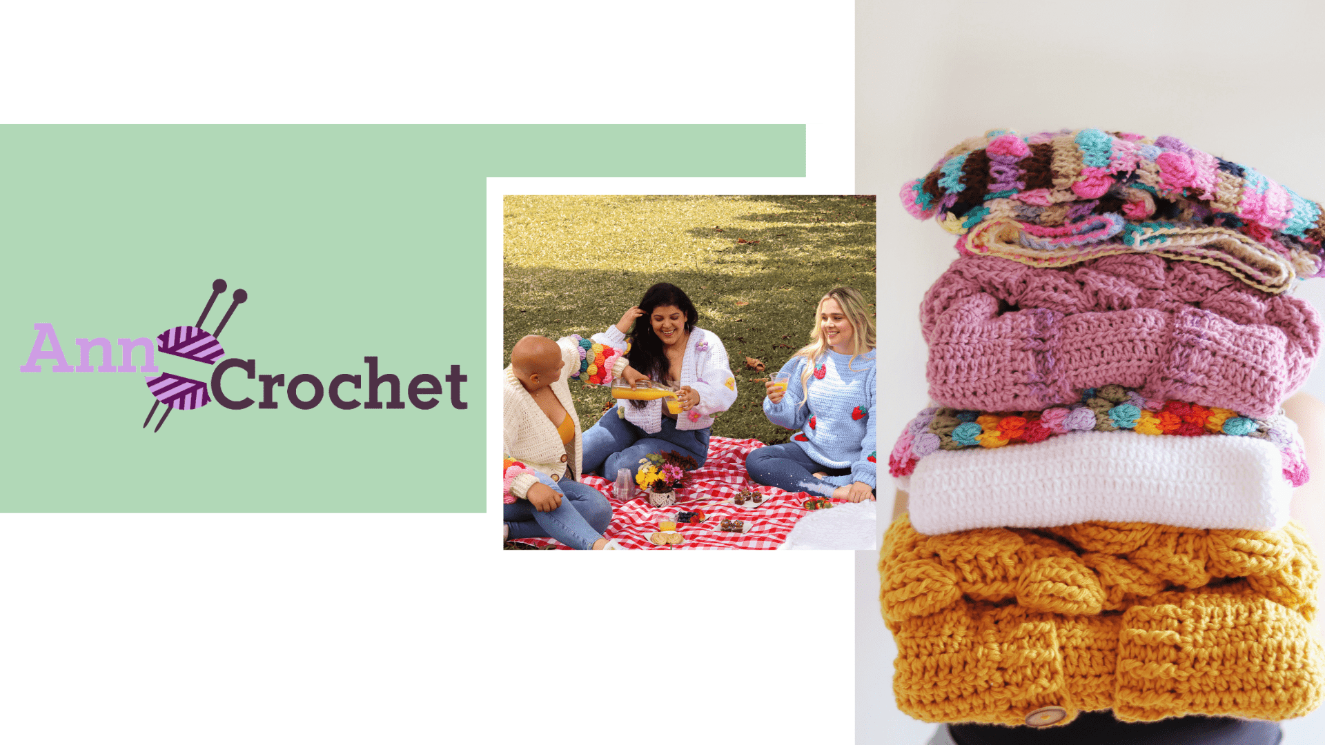 Imagen contiene el nombre de la marca grande, Anncrochet, con una imagen de tres mujeres con sweters tejidos en un picnic 